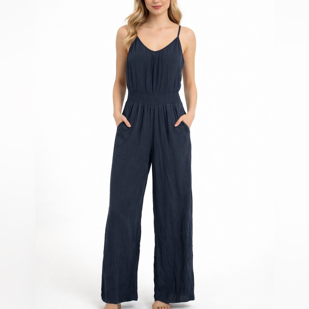 Prana Fernie Wide Leg Jumpsuit Gauzy Black Women XS Smocked Waist‎ Minimal Beach